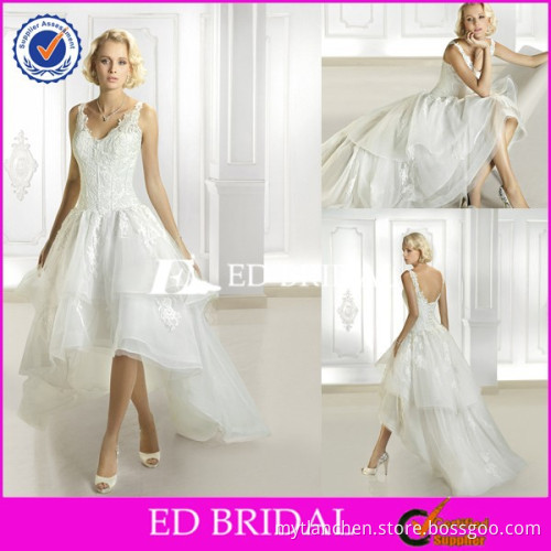 CE460 Sexy New Fashion V-Neck Backless Organza Short Front Long Back Wedding Dress